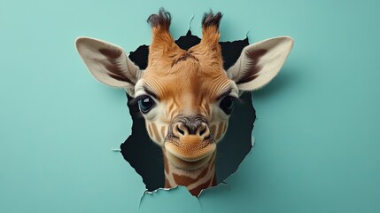 Obraz premium Playful Baby Giraffe Peeking Through Torn Paper with Adorable Expression Against a Soft Mint Background, Perfect for Animal Lovers and Wildlife Enthusiasts