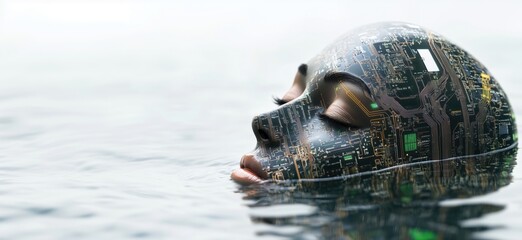 Futuristic humanoid face submerged in water, circuit patterns on skin, serene expression, blending technology and nature