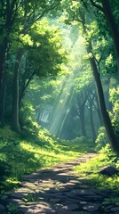 Obraz premium A serene forest path illuminated by sunlight filtering through the trees.