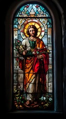 Fototapeta premium Stained glass window depicting a male figure with flowers and vibrant colors.