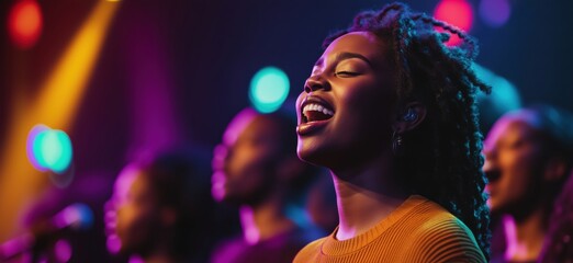 Singing choir performance, vibrant colors, emotional expression, spotlight on female vocalist, joyful atmosphere, diverse group