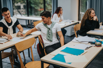 Group of students sitting in a modern classroom, engaging in discussion and studying together. Notebooks, textbooks, and pens are scattered across the desks as they interact and learn.