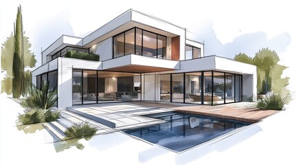 Fototapeta premium Modern Minimalist Architectural Sketch of an Elegant Two-Story House with Glass Facades and a Swimming Pool Surrounded by Lush Greenery