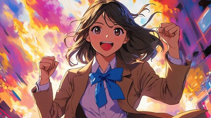 Cheerful anime girl with a blue ribbon tie in a school setting expressing joy and excitement, surrounded by vibrant colors and dynamic background elements, showcasing youthful energy and enthusiasm.