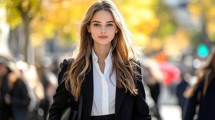 Confident woman in a stylish black suit walks through a urban street with golden autumn leaves, embodying professionalism and elegance in her demeanor.