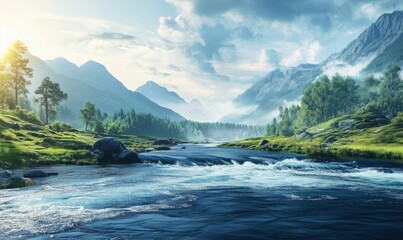 Scenic river landscape with mountains and trees, tranquil water flowing through lush greenery, misty atmosphere, bright sunlight