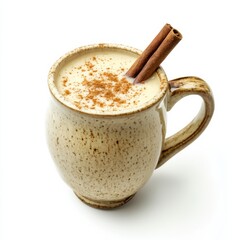 Obraz premium A creamy chai latte with a cinnamon stick and a dusting of cinnamon powder in a ceramic mug, isolated white background, vintage art style