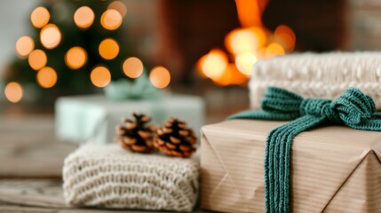 Fototapeta premium Festive gifts by a cozy fireplace with holiday decor.