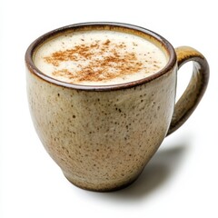 Obraz premium A creamy chai latte with a sprinkle of cinnamon on top, served in a rustic ceramic mug, isolated white background