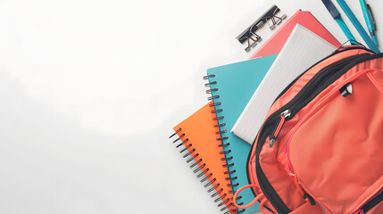 backpack with school supplies and books for study. back to school concept. flat lay, top view with a white accent, text area, png