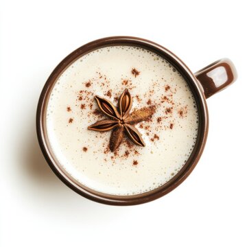 A creamy chai spiced latte with a dusting of cinnamon and star anise in a ceramic cup, isolated white background, contemporary art style