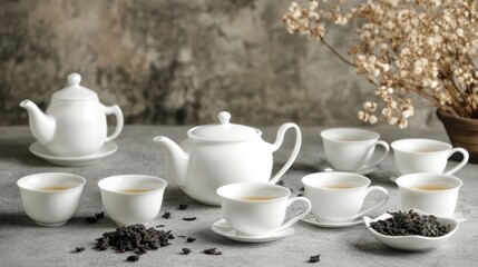 Fototapeta premium A serene tea setup featuring a teapot, cups, and dried flowers on a textured surface.