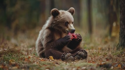 Obraz premium A young bear sitting on the ground, enjoying a piece of food in a forest setting.