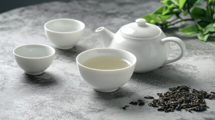 Fototapeta premium A serene tea setting with a teapot, cups, and loose tea leaves on a textured surface.