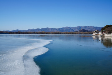 The frozen surface of Kunming Lake in Summer Palace, Beijing