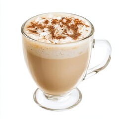 Obraz premium A creamy coconut chai latte with a dusting of cinnamon, served in a glass mug, isolated white background