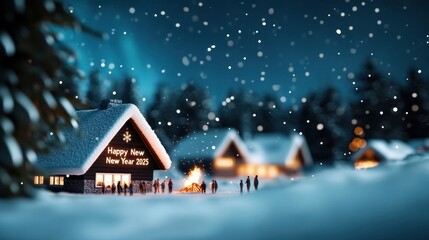 Fototapeta premium Charming cabin with happy new year 2025 sign sits in snowy landscape, with softly falling snow and warm light from the windows.