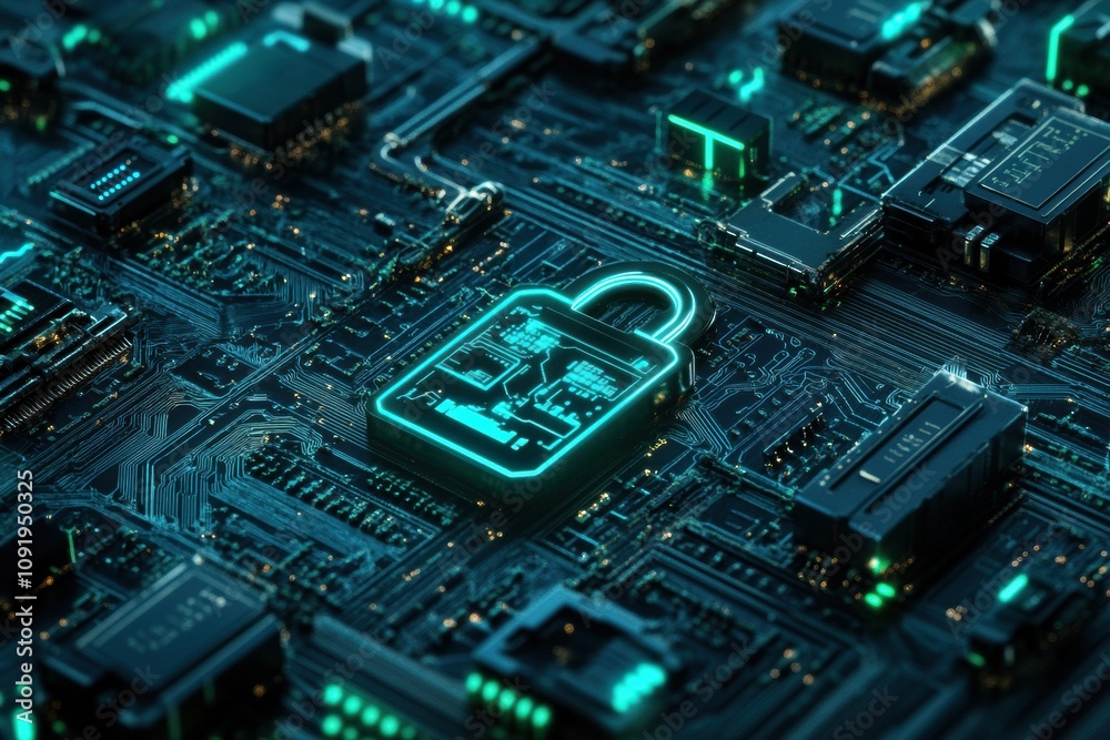 Aufkleber Abstract artwork features glowing padlocks and keys against a digital circuit board design, evoking themes of security and technology. Generative AI