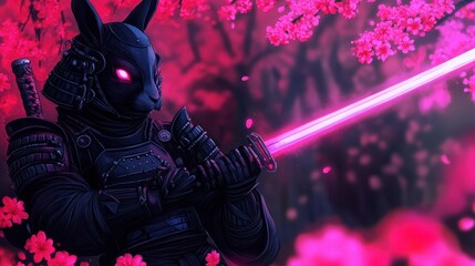 Naklejka premium Futuristic warrior bunny wields glowing pink katana, clad in armor. surrounded by soft pink cherry blossoms, this image blends fantasy, martial arts, and nature.
