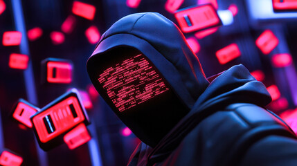 Mysterious figure in dark hooded outfit stands confidently in vibrant, neon-lit setting. their obscured face is replaced by flowing red digital code amidst floating holographic screens.