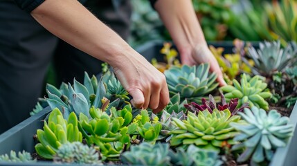 A closeup of a gardener carefully arranging succulents in a modern planter box.