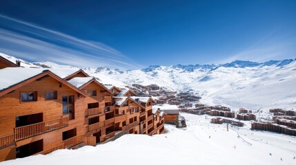 Stunning panoramic view of snowy ski resort features charming wooden chalets nestled in the landscape, with majestic peaks under clear blue sky. perfect winter getaway.