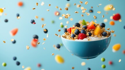 Vibrant turquoise bowl brimming with creamy yogurt, granola, and fresh fruits like blueberries, raspberries, mango, and kiwi, set against soft blue backdrop, embodies healthy eating.
