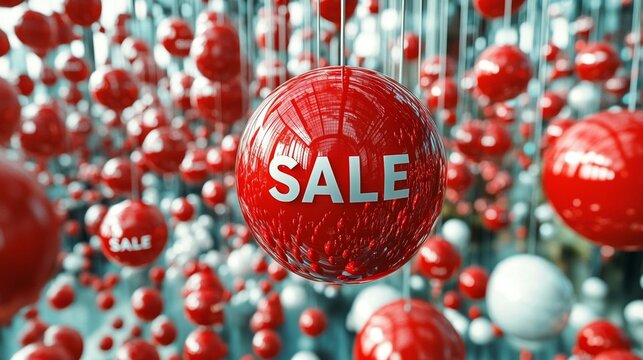 Red sale tags hanging in a store display.