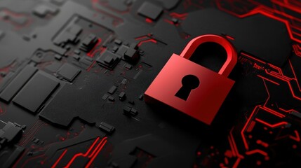 Bold red padlock against complex black circuit board symbolizes cybersecurity and datprotection, tech-focused presentations and marketing materials.