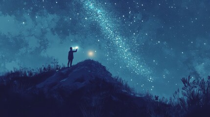 Fototapeta premium Lone figure holds light, gazing at night sky's Milky Way.