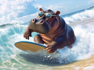 Hippo Surfing on Vibrant Ocean Wave in Sunglasses, Concept of Playful Adventure, Creativity, and Whimsy, Animal Surfing Fun, Quirky Summer Beach Scene