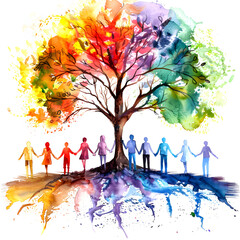 vibrant watercolor illustration of diverse people holding hands around a colorful tree with a white accent, png