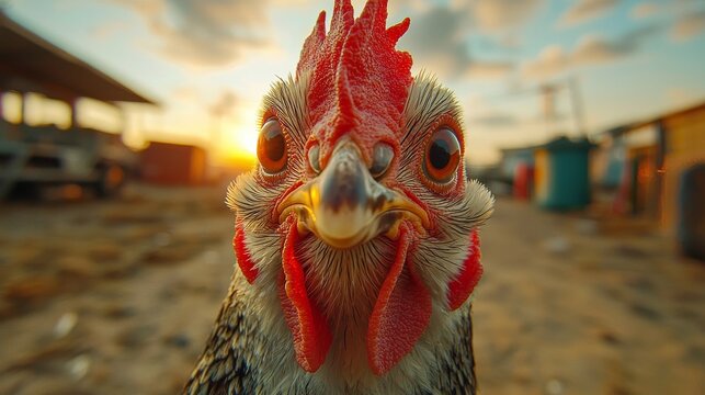 A close up of a funny chicken face in a filed. 