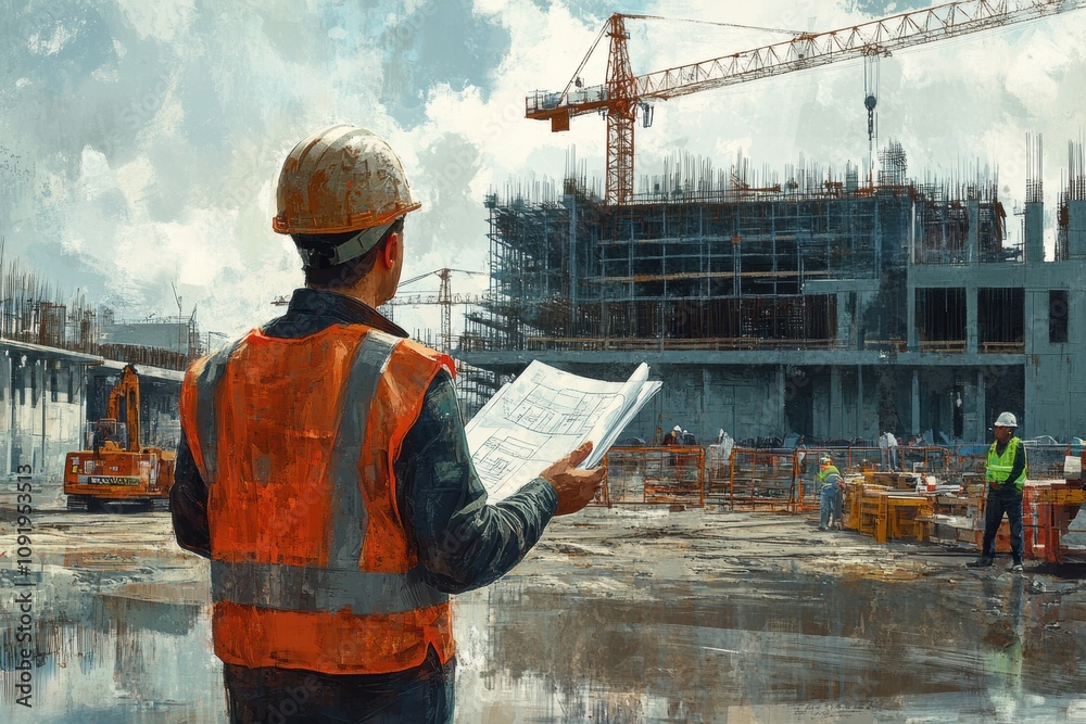 Poster engineer stands on a bustling construction site, reviewing blueprints while supervising workers and 