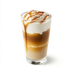 A creamy hazelnut caramel macchiato with caramel drizzle and espresso shots in a clear glass, isolated white background, hyperrealism art style