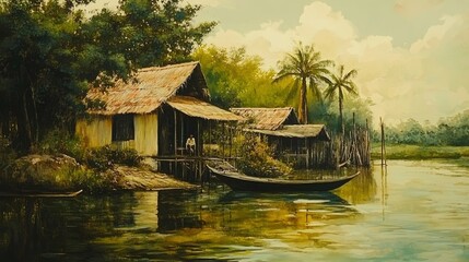 Fototapeta premium Pancing, umpan, garis, gunting, mengapung dan jaring di meja kayu, pandangan atas