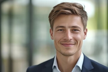 Close-up headshot Confident European young man, good looking young man, middle aged leader, male businessman CEO on blurred office background. Handsome young European businessman smiles at the camera