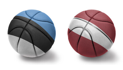 basketball balls with the national flags of latvia and estonia on the white background.