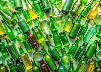Aerial View of Green Glass Bottles Piled Together on a Bright Surface, Showcasing Their Unique Shapes and Textures, Perfect for Sustainability and Recycling Themes