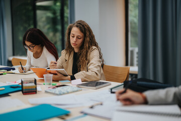 Fototapeta premium Two students are deeply engaged in a classroom activity, taking notes and studying. The environment showcases a collaborative and modern learning space, emphasizing focus and education.