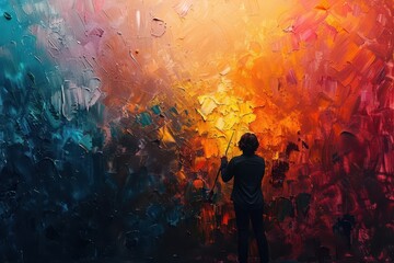 A silhouette of a person painting on a large canvas, with a splash of abstract colors behind