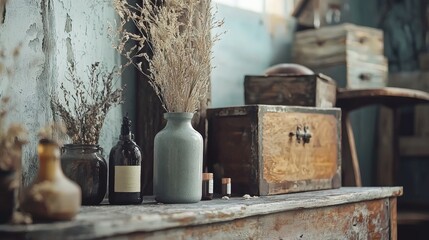 Rustic arrangement with dried flowers and vintage decor