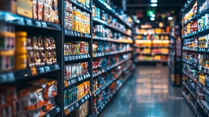 Fototapeta premium Supermarket aisle with colorful products on shelves