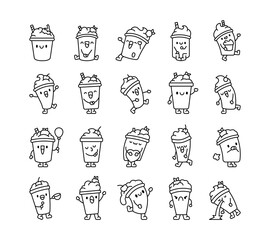 Cute kawaii milkshake cartoon characters in different playful and funny poses for joyful dessert themed illustrations and adorable summer designs