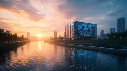 Fototapeta premium AI Data Center Sunset Riverfront, Modern Architecture, Futuristic Building, Waterfront Cityscape, Digital Technology