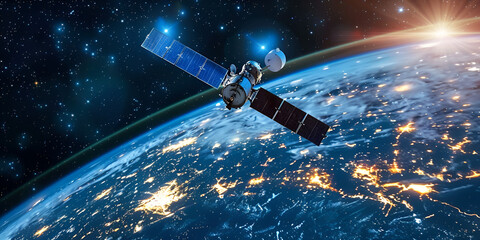 Satellite in orbit around Earth, illuminated by sunlight, showcasing advanced technology and global connectivity