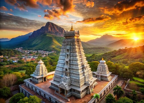 Aerial View of Lord Shiva Holding Trishul at Tiruvannamalai Temple Near Smashan Surrounded by Lush Greenery and Majestic Mountains in a Serene Sunset Setting
