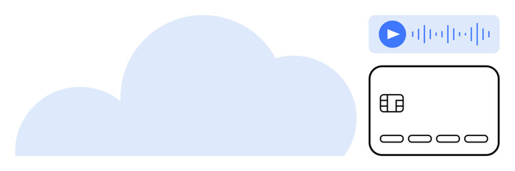 Cloud graphic with a credit card and audio recording icon. Ideal for financial technology, cloud storage, digital transactions, online banking, data security, audio encryption, remote access. Line