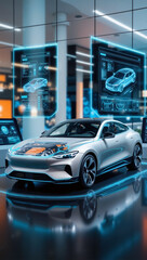 Futuristic Car Technology Concept with Digital Interface Displaying Vehicle Analytics and Holographic Engineering Diagnostics in Modern Automotive Showroom