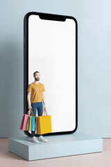 Large smartphone mockup with blank screen, miniature man holding shopping bags. Mobile shopping apps, e-commerce platforms, or digital retail concepts.